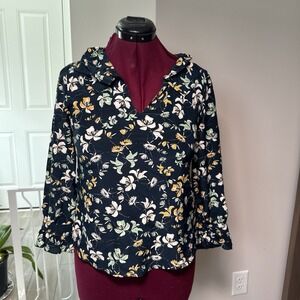 Brora 4/6 Silk Floral Blouse Blue Multicolor Ruffle V Neck  *see description